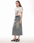 "Dawn Denim" retro old enzyme washed mid - low waist slim fishtail flared slim denim skirt - variant_title
