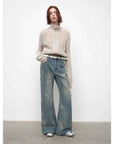 "Denim Shadow"retro washed printed layered casual slimming cotton bootcut jeans - variant_title