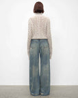 "Denim Shadow"retro washed printed layered casual slimming cotton bootcut jeans - variant_title