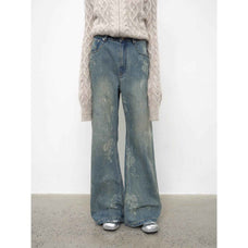 "Denim Shadow"retro washed printed layered casual slimming cotton bootcut jeans - variant_title