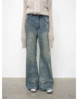 "Denim Shadow"retro washed printed layered casual slimming cotton bootcut jeans - variant_title