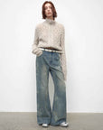 "Denim Shadow"retro washed printed layered casual slimming cotton bootcut jeans - variant_title