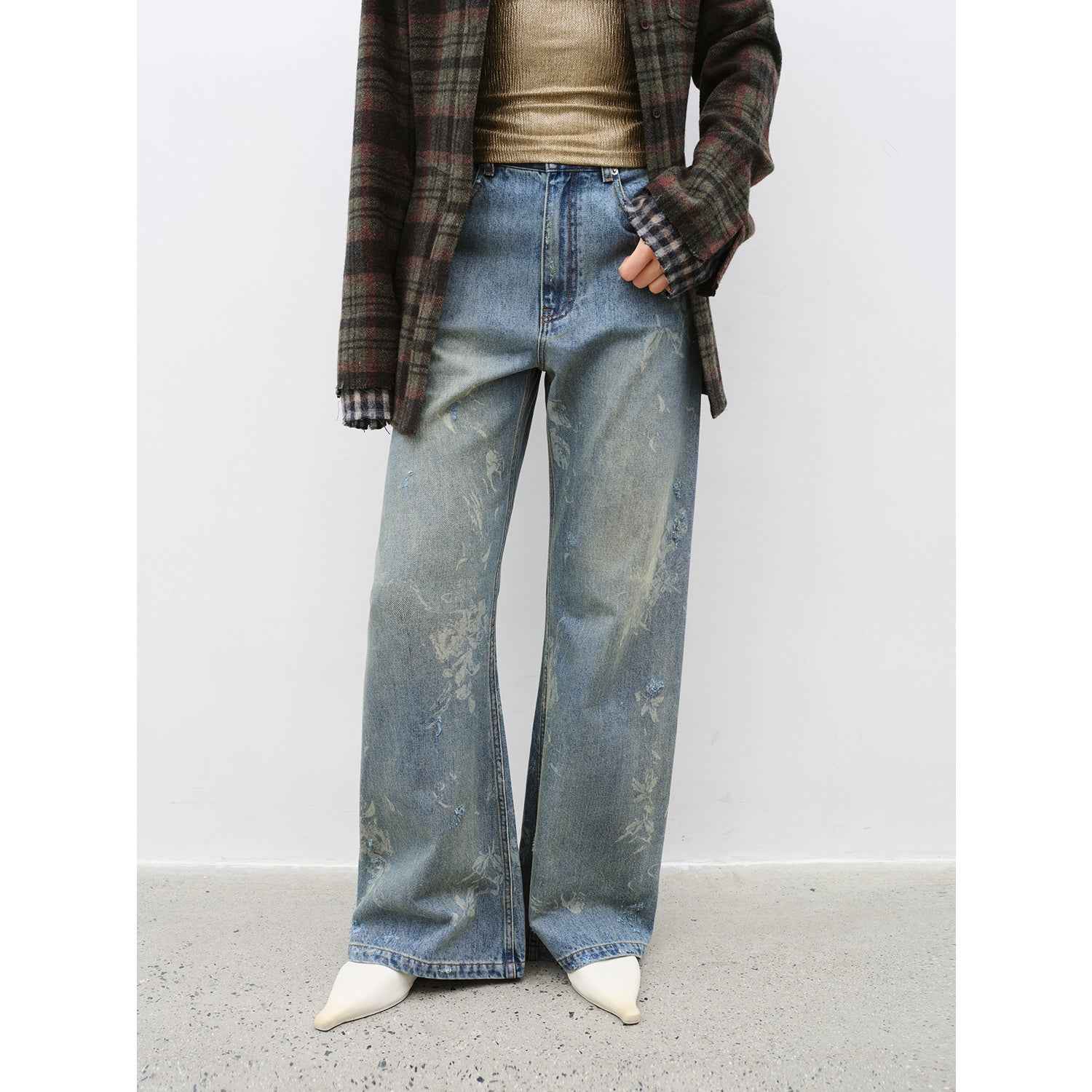 "Denim Shadow"retro washed printed layered casual slimming cotton bootcut jeans - variant_title