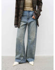 "Denim Shadow"retro washed printed layered casual slimming cotton bootcut jeans - variant_title