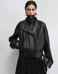 THE ARTM Women's Double-Lapel Lambskin Leather Jacket, Premium Natural Material