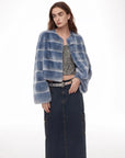 Dream Chaser denim blue striped rabbit fur coat three-quarter model view