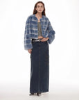 Dream Chaser denim blue striped rabbit fur coat standing model view