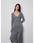 "Dreamy Ball" Lightweight and Breathable 100% Wool / U - neck Irregular Hem Long Dress for Women - variant_title