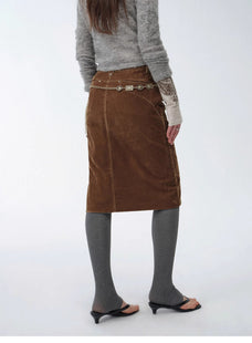 "Early Spring Sun" Retro Distressed Flocked Denim Straight Skirt Side Zipper Slit Skirt - variant_title