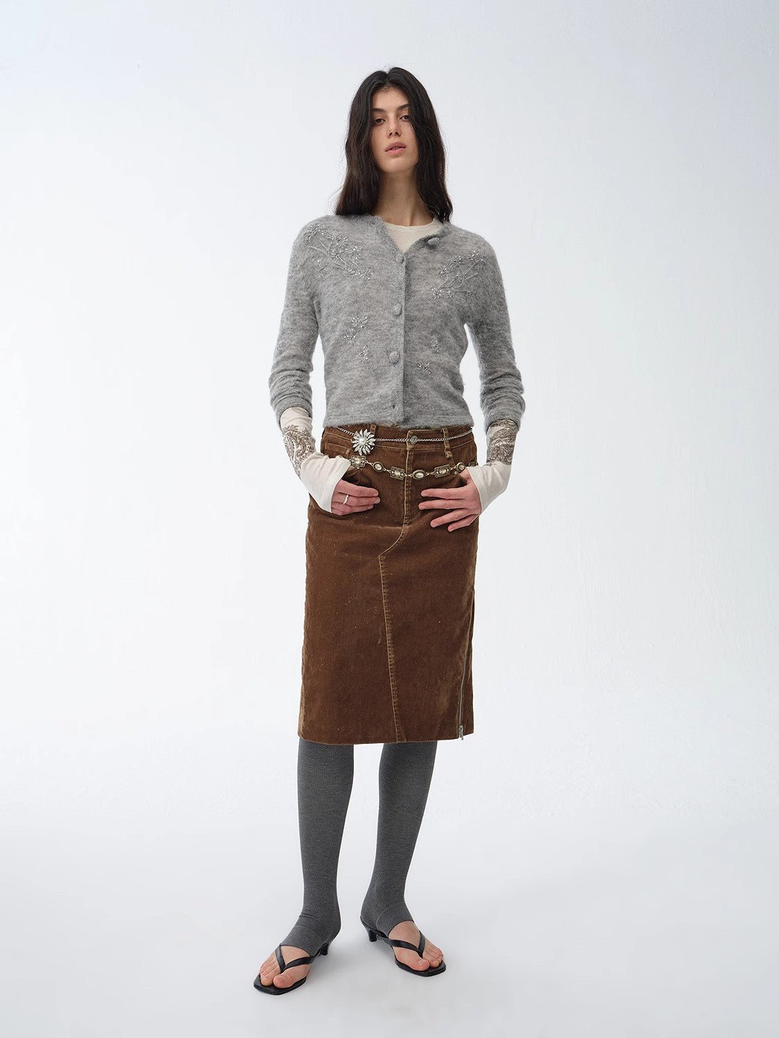 "Early Spring Sun" Retro Distressed Flocked Denim Straight Skirt Side Zipper Slit Skirt - variant_title