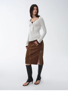 "Early Spring Sun" Retro Distressed Flocked Denim Straight Skirt Side Zipper Slit Skirt - variant_title