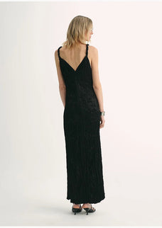 EASTMAN Ice Gloss Acetate Three - Dimensional Wave Drape Pleated V - Neck Suspender Dress - variant_title