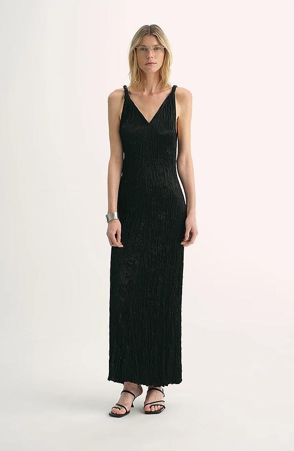EASTMAN Ice Gloss Acetate Three-Dimensional Wave Drape Pleated V-Neck Suspender  Dress