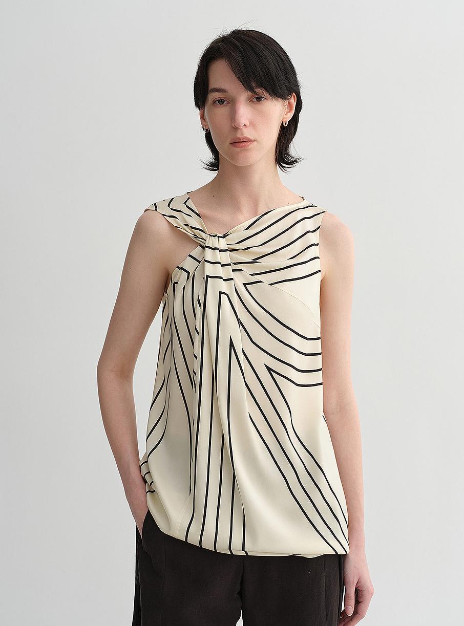 Elastic silk twisted collar original geometric print slim fit multi - occasion T-shirt sleeveless vest for women - variant_title
