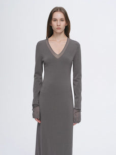 Elegant and intellectual triacetate Tencel blended skin - friendly transparent splicing design V - neck dress - variant_title