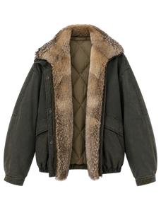Model wearing Fireladyfur City Cruise goose down parka with fox fur collar