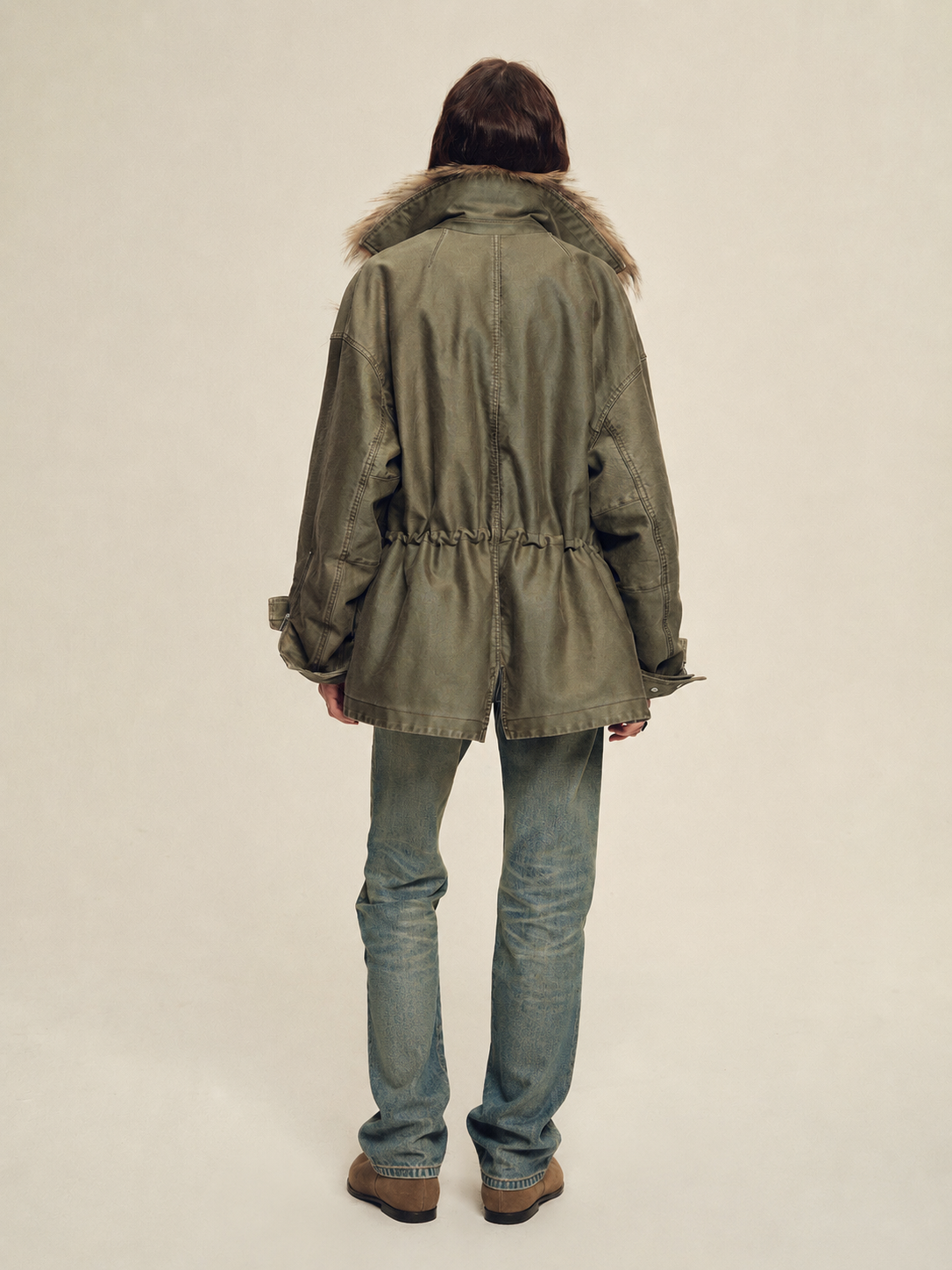 Firelady Wilderness Parka green fur collar parka side view with denim styling
