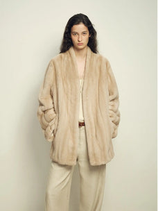 Fairy Mountain Dew Beige natural mink coat on model, front view