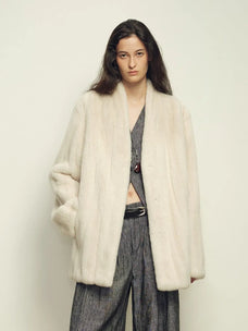 Fairy Mountain Dew Pearl natural mink coat on model, front view