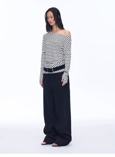 Fashionable off - shoulder Lyocell Tencel wool blended draped patchwork striped T-shirt"Picasso Lines" - variant_title