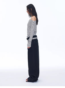 Fashionable off - shoulder Lyocell Tencel wool blended draped patchwork striped T-shirt"Picasso Lines" - variant_title