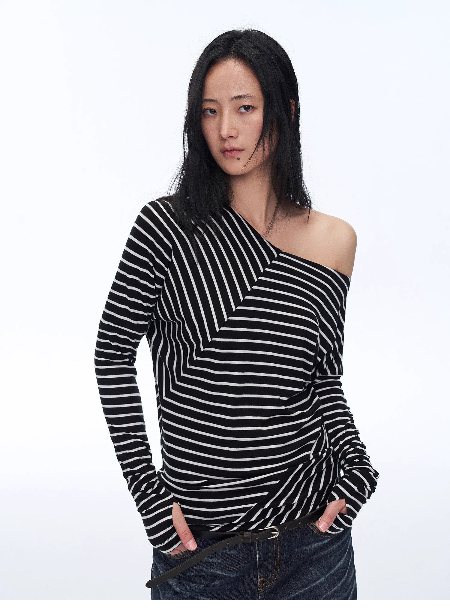 Fashionable off - shoulder Lyocell Tencel wool blended draped patchwork striped T-shirt"Picasso Lines" - variant_title