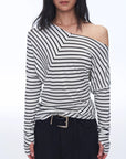 Fashionable off - shoulder Lyocell Tencel wool blended draped patchwork striped T-shirt"Picasso Lines" - variant_title