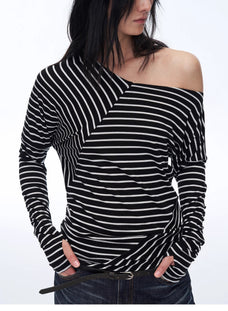Fashionable off - shoulder Lyocell Tencel wool blended draped patchwork striped T-shirt"Picasso Lines" - variant_title