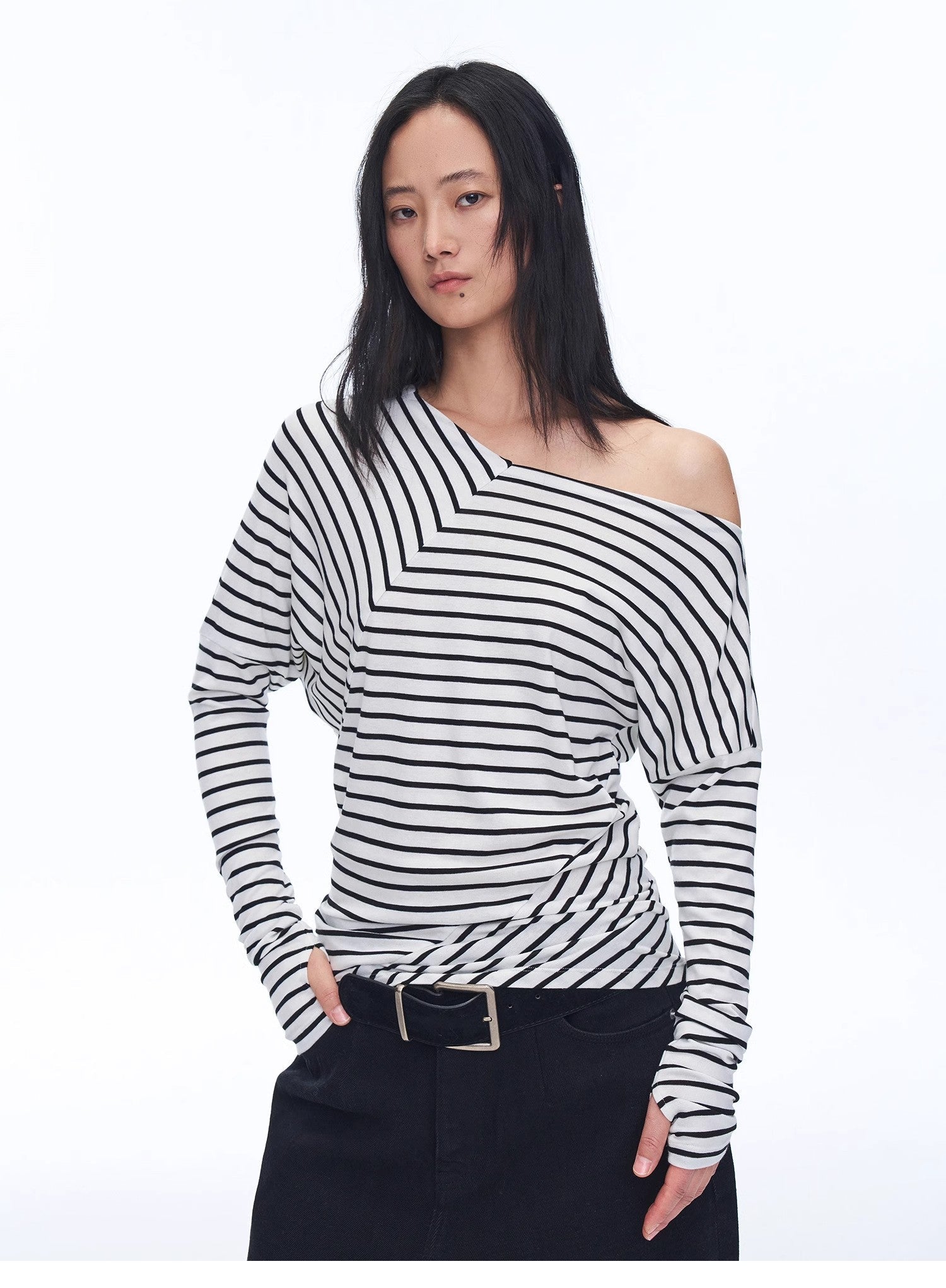 Fashionable off - shoulder Lyocell Tencel wool blended draped patchwork striped T-shirt"Picasso Lines" - variant_title
