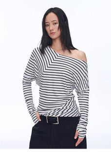 Fashionable off - shoulder Lyocell Tencel wool blended draped patchwork striped T-shirt"Picasso Lines" - variant_title