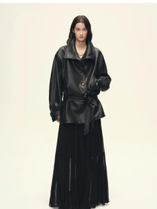Full body view of Firelady Fur black sheepskin leather belted jacket for women