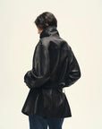 Back view of Firelady Fur black sheepskin leather jacket with straight mid-long fit