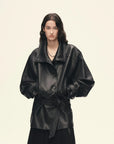 Firelady Fur women's black vegetable-tanned sheepskin leather belted jacket front view