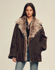 Model wearing Firelady Fur women's Coffee detachable two-tone fur collar parka front view