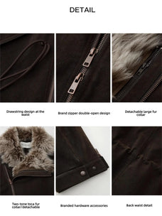 Firelady Fur women's Coffee parka details including drawstring zipper detachable fur collar and hardware