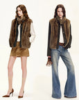 Firelady Fur Fawn Reverie removable sleeve rabbit fur jacket in Fawn Pattern and Tawny Brown