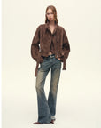 Full body view of Firelady Fur Red Brown imported suede goatskin cropped jacket