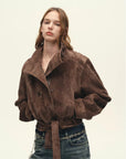 Firelady Fur women's Red Brown Mali suede goatskin cropped moto jacket front view