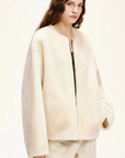 Ivory Merino shearling jacket three quarter model view