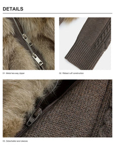 Detail view of Saga fox fur jacket two-way zipper ribbed cuffs and detachable wool sleeves
