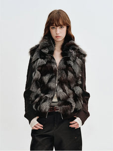 Misty Ravine Brown Saga fox fur jacket with removable wool-knit sleeves