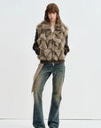Moss Rock Brown Saga fox fur jacket styled with denim for winter layering