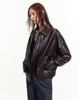 Firelady Fur Vintage Waxed Sheepskin Oversized Stand Collar Leather Jacket "Flight Notes"
