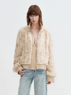 Firelady Fur William Cream Frost rex rabbit fur knit jacket in Cream Apricot front view