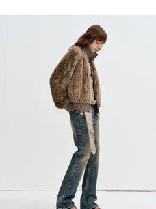 Side view of Firelady Fur William Cream Frost Mist Gray Amber rabbit fur knit jacket