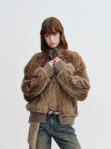 Firelady Fur William Cream Frost rabbit fur knit jacket in Mist Gray Amber upper body view