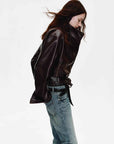 Firelady Fur Women's Double - Breasted Waxed Sheepskin Leather Jacket - Biker Style Short Coat with Belt "Heartbeat Radio" - variant_title
