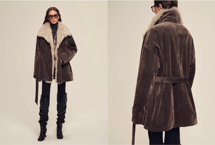 Glacier Traveler dark brown Toscana shearling parka front and back styling guide