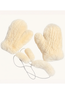 Milk yellow rex rabbit fur knitted mittens for women with soft wrist ties