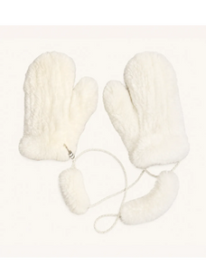 White rex rabbit fur knitted mittens for women with soft wrist ties